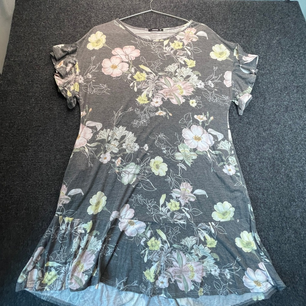 Floral Ruffle Sleeve Tunic Dress L Gray Boho Cottagecore Pocket Modest Flare Top